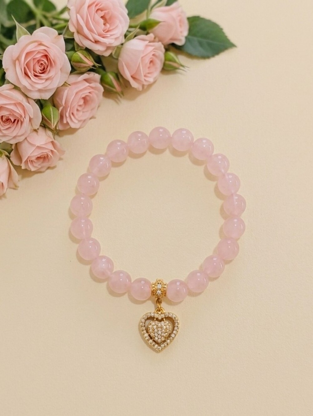 Rose Quartz Bracelet With Cubic Zirconia Charm